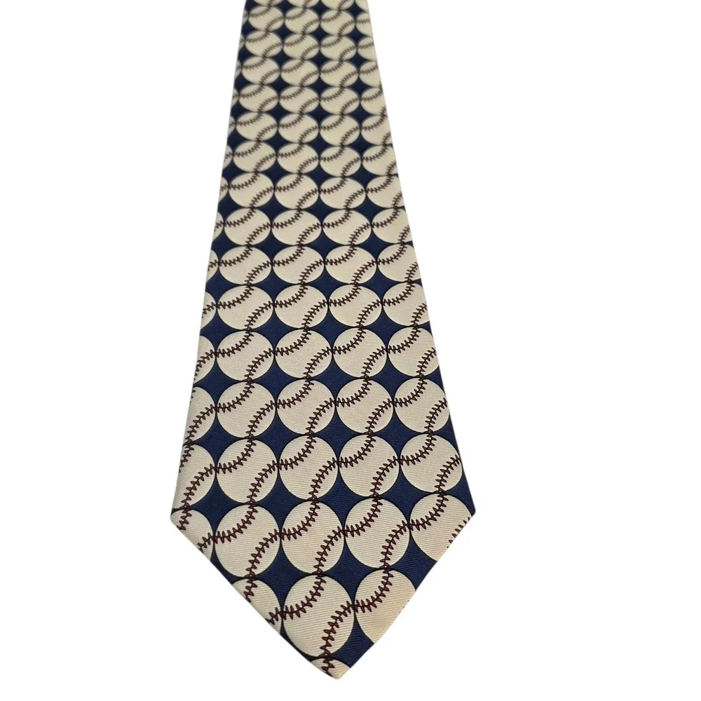 Smithsonian Institution Baseball Pattern Silk Tie Made in‎ USA Blue Cream Sports